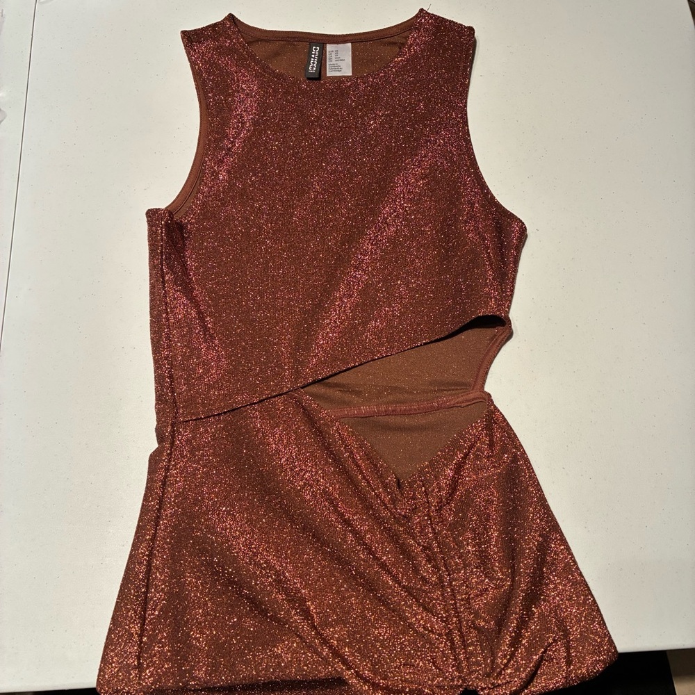 H&M Divided Ruched Cutout Mini Dress in Sparkly Brown Copper Size XS - Picture 4 of 8